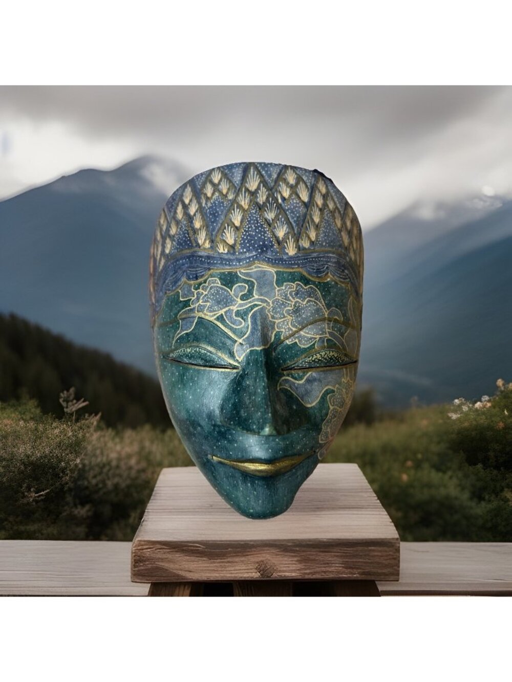 Mask Batik Topeng Wood Wall Art Hand Carved 8 x 6" Blue Green Gold Stars Vintage